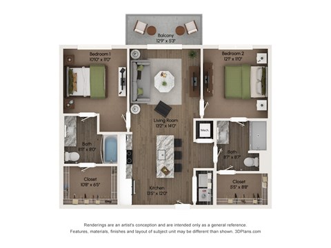 Floor plan for 2 beds, 2 baths, 1102 sqft